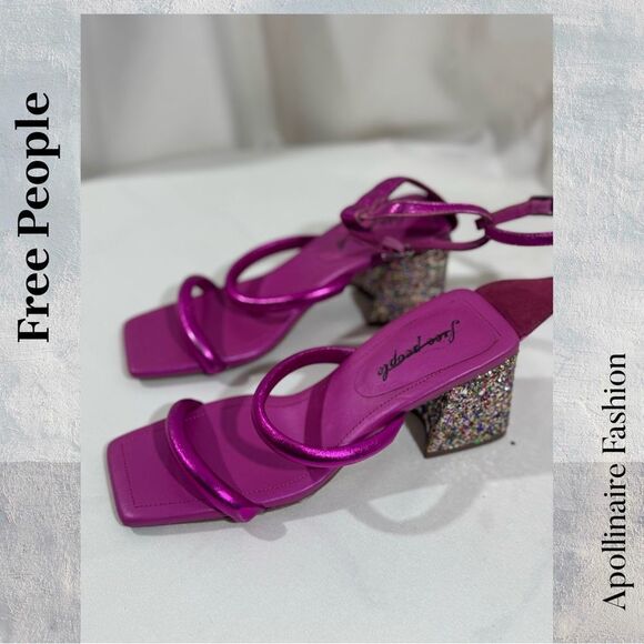 Free People Womens Pink Strappy Confetti Glitter Heels In Fuchsia Size 37.5 NWT - Picture 3 of 8